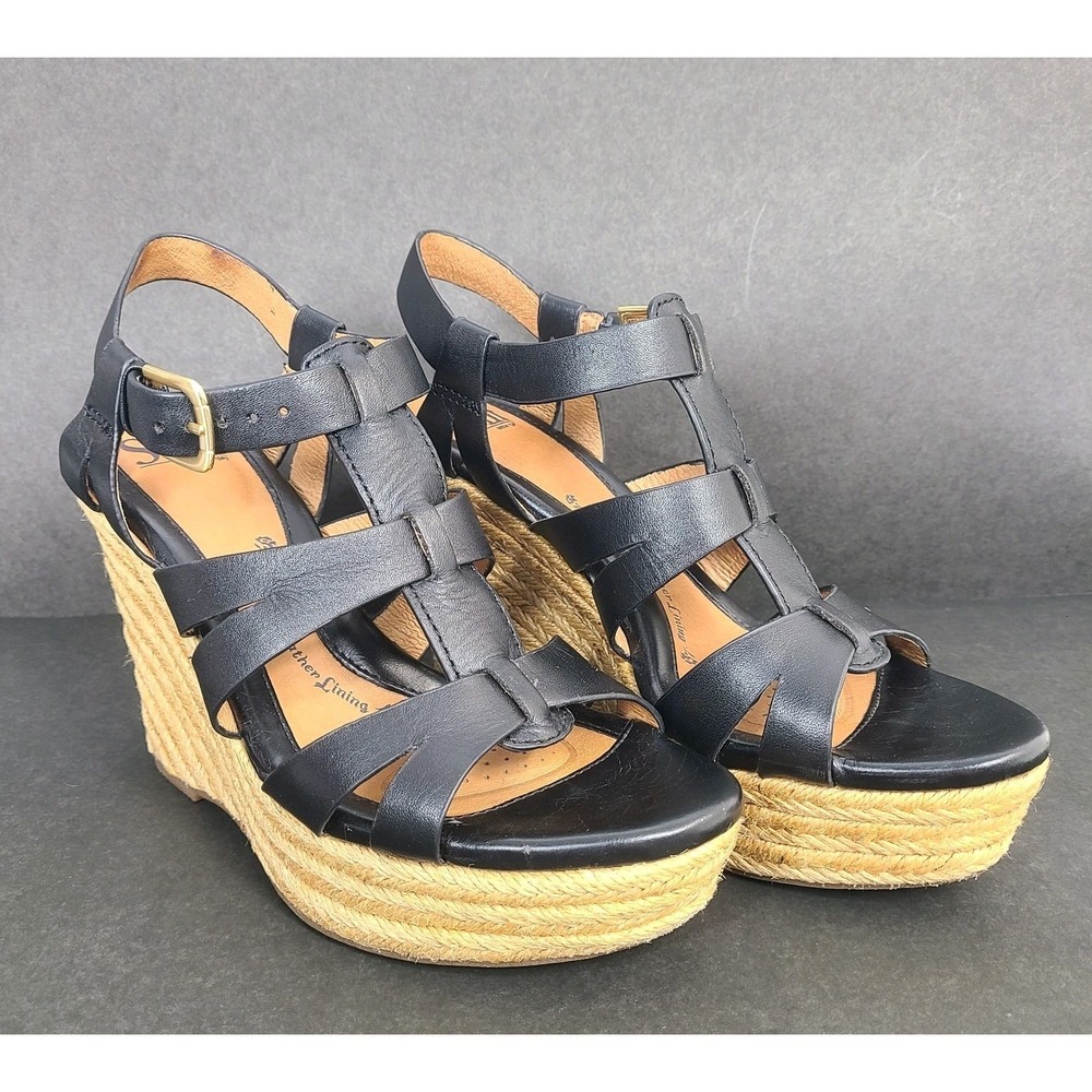 Sofft Black Leather Espadrille Wedge Sandals Womens 8.5M Platform Gladiator